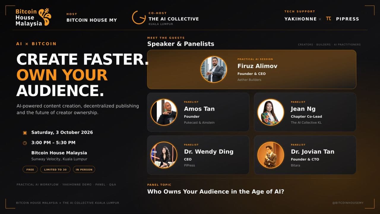 AI × Bitcoin: Create Faster. Own Your Audience. — event poster